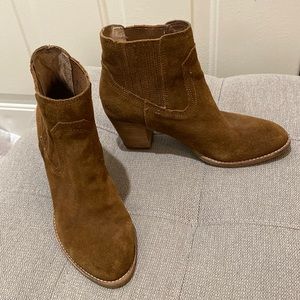 Tan suede ankle booties by dolce vita with elastic at ankle - 2.5” heels
